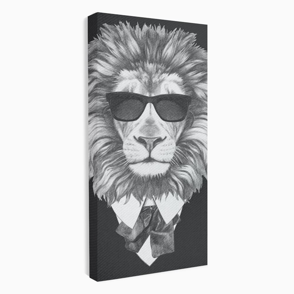 Tablou canvas cu tablou canvas cu leu in costum si ochelari, fara rama, pe sasiu de lemn